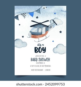 Adorable watercolor sky scene illustration complete with helicopter, garland, star and cloud. perfect for baby shower invitation card or birthday	