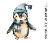 Adorable watercolor style penguin in a cozy winter hat and scarf. Perfect for winter-themed designs, Christmas cards, holiday decorations, children's illustrations with playful touch. Penguin in hat