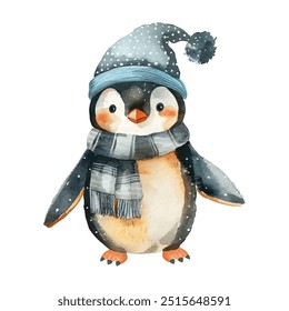 Adorable pingüino de estilo acuarela en un acogedor sombrero de invierno y bufanda. Perfecto para diseños de temática invernal, tarjetas de Navidad, decoraciones navideñas, ilustraciones infantiles con toque lúdico. Pingüino en sombrero