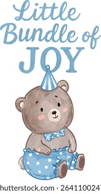 Adorable watercolor teddy bear with blue outfit and party hat, sitting under “Little Bundle of Joy” lettering. Perfect for baby shower cards, nursery prints, and kids’ decor.