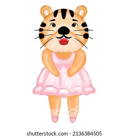 Adorable watercolor tiger ballerina pose. pink costume