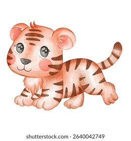 Adorable Watercolor Tiger Cub, Playful Posture, Soft Hues