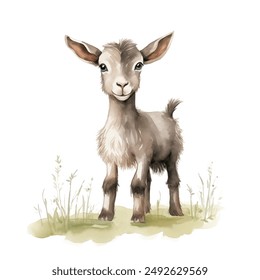 Adorable watercolor vector illustration of a cute baby goat standing in a field of green grass. Soft brown fur and big, curious eyes. Sweet and whimsical image