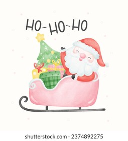 Adorable watercolor vector illustration of Santa Claus in his sleigh, surrounded by a pine tree. Perfect for greeting cards and festive decorations.