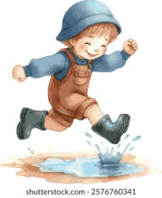 Adorable watercolor vector painting of a child happily jumping in a puddle