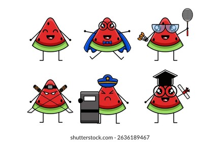 Adorable Watermelon Characters Collection: Funny and Diverse Fruit Mascots in Various Roles, Perfect for Healthy Lifestyle Promotions and Summer Designs