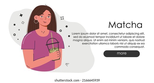 Adorable website page with Matcha. Hand draw green drink website idea. Japanese tea culture. Matcha latte is a healthy drink.Coffee shop main page in greenish colors. 