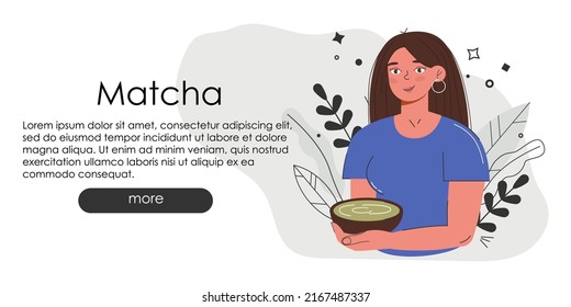 Adorable website page with Matcha. Hand draw green drink website idea. Japanese tea culture. Matcha latte is a healthy drink.Coffee shop main page in greenish colors. 