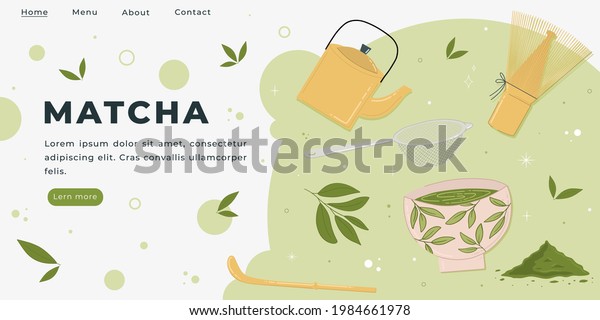 Adorable website page with Matcha. Hand draw\
green drink website idea. Coffee shop main page in greenish colors.\
Matcha powder drawing for your\
website