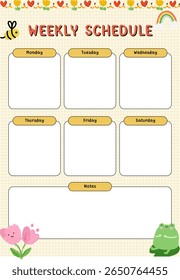 Adorable weekly schedule template with yellow headers and decorative frog, flower, bee illustrations. Designed on a grid paper background, ideal for kids, students, or anyone who loves cute planners.