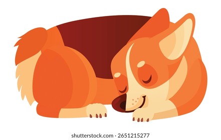 Adorable welsh corgi dog sleeping peacefully, curled up with its eyes closed, enjoying a relaxing nap and dreaming sweet dreams, showcasing the tranquility and peacefulness of a beloved pet