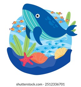 Adorable whale swimming in colorful ocean scene Vector illustration