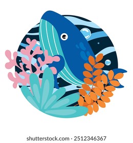 Adorable whale swimming in colorful ocean scene Vector illustration