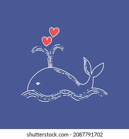 Adorable whale with two hearts. Linear vector illustration. Concept for valentine day and wedding.