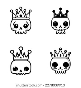 Adorable and whimsical Hand drawn collection set of cute kawaii skull heads with crowns, showcasing a playful fusion of dark and cute elements