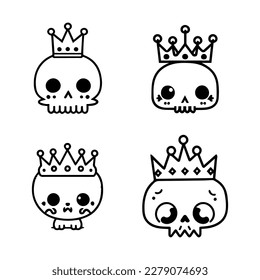 Adorable and whimsical Hand drawn collection set of cute kawaii skull heads with crowns, showcasing a playful fusion of dark and cute elements