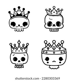 Adorable and whimsical Hand drawn collection set of cute kawaii skull heads with crowns, showcasing a playful fusion of dark and cute elements