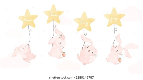 Adorable y alegre bebé conejo conejo de conejo rosa volando con forma estrella globo niños de crianza acuarela marca de pintura manual