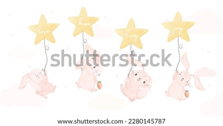 Adorable whimsical happy baby pink bunny rabbit flying with star shape balloon nursery children watercolour hand painting banner