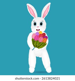 Adorable white anthropomorphic Easter bunny 3D character holding a vibrant bouquet of tulips, on a turquoise background. Lovely fresh spring flowers. Vector drawing. Ideal for festive designs.