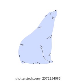 Adorable white bear sits, looking up back view. Cute polar animal has a rest. Amusing inhabitant of North Pole, funny character of arctic nature relaxes, dreaming. Flat isolated vector illustration