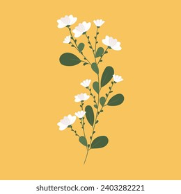 Adorable white blossom plant vector illustration on mustard background. For postcards, invitations, prints.