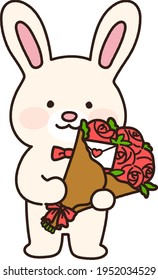 Adorable white bunny with a bouquet of red roses outlined