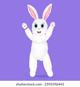 Adorable white bunny character with big blue eyes, pink ears, and raised paws, standing on a purple background.