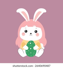Adorable white bunny holding a basket full of colorful Easter eggs in a cute and cheerful pose. This flat vector illustration is perfect for Easter greeting cards, children’s activities, seasonal deco