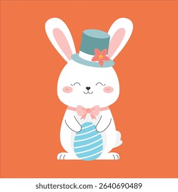 Adorable white bunny holding a basket full of colorful Easter eggs in a cute and cheerful pose. This flat vector illustration is perfect for Easter greeting cards, children’s activities, seasonal deco
