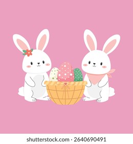 Adorable white bunny holding a basket full of colorful Easter eggs in a cute and cheerful pose. This flat vector illustration is perfect for Easter greeting cards, children’s activities, seasonal deco
