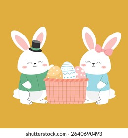 Adorable white bunny holding a basket full of colorful Easter eggs in a cute and cheerful pose. This flat vector illustration is perfect for Easter greeting cards, children’s activities, seasonal deco