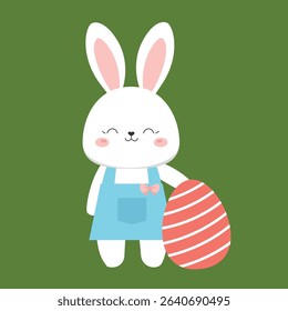 Adorable white bunny holding a basket full of colorful Easter eggs in a cute and cheerful pose. This flat vector illustration is perfect for Easter greeting cards, children’s activities, seasonal deco