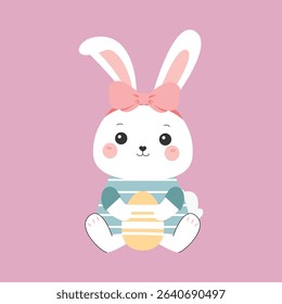 Adorable white bunny holding a basket full of colorful Easter eggs in a cute and cheerful pose. This flat vector illustration is perfect for Easter greeting cards, children’s activities, seasonal deco