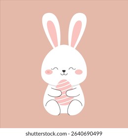Adorable white bunny holding a basket full of colorful Easter eggs in a cute and cheerful pose. This flat vector illustration is perfect for Easter greeting cards, children’s activities, seasonal deco