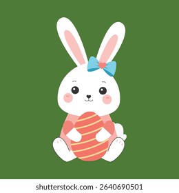 Adorable white bunny holding a basket full of colorful Easter eggs in a cute and cheerful pose. This flat vector illustration is perfect for Easter greeting cards, children’s activities, seasonal deco