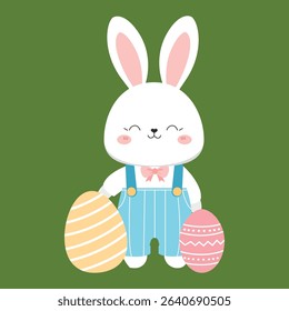 Adorable white bunny holding a basket full of colorful Easter eggs in a cute and cheerful pose. This flat vector illustration is perfect for Easter greeting cards, children’s activities, seasonal deco