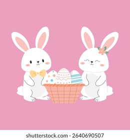 Adorable white bunny holding a basket full of colorful Easter eggs in a cute and cheerful pose. This flat vector illustration is perfect for Easter greeting cards, children’s activities, seasonal deco