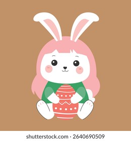 Adorable white bunny holding a basket full of colorful Easter eggs in a cute and cheerful pose. This flat vector illustration is perfect for Easter greeting cards, children’s activities, seasonal deco
