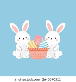 Adorable white bunny holding a basket full of colorful Easter eggs in a cute and cheerful pose. This flat vector illustration is perfect for Easter greeting cards, children’s activities, seasonal deco