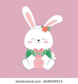 Adorable white bunny holding a basket full of colorful Easter eggs in a cute and cheerful pose. This flat vector illustration is perfect for Easter greeting cards, children’s activities, seasonal deco
