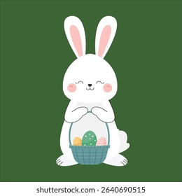 Adorable white bunny holding a basket full of colorful Easter eggs in a cute and cheerful pose. This flat vector illustration is perfect for Easter greeting cards, children’s activities, seasonal deco
