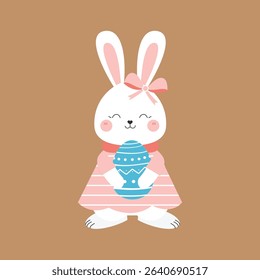 Adorable white bunny holding a basket full of colorful Easter eggs in a cute and cheerful pose. This flat vector illustration is perfect for Easter greeting cards, children’s activities, seasonal deco