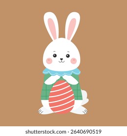 Adorable white bunny holding a basket full of colorful Easter eggs in a cute and cheerful pose. This flat vector illustration is perfect for Easter greeting cards, children’s activities, seasonal deco