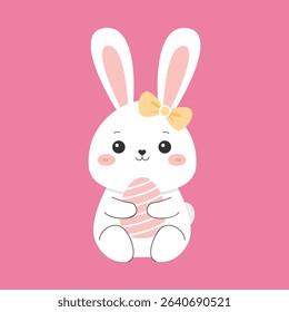Adorable white bunny holding a basket full of colorful Easter eggs in a cute and cheerful pose. This flat vector illustration is perfect for Easter greeting cards, children’s activities, seasonal deco