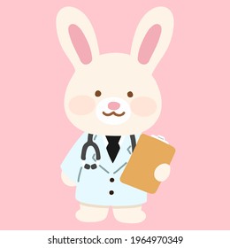 Adorable white bunny in hospital uniform holding a clipboard flat colored