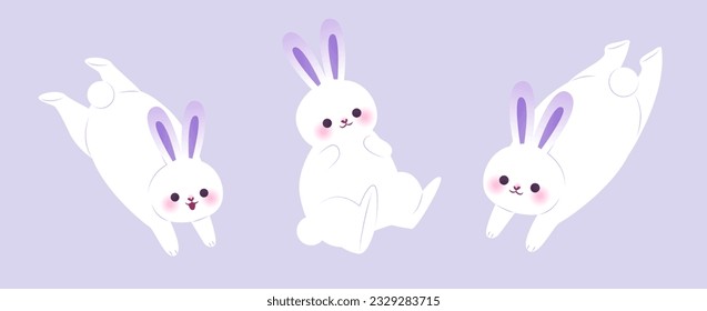 Adorable white bunny with purple ears isolated on pastel purple background. Including hopping and sitting rabbits.