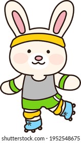 Adorable white bunny rollerblading with knee supporters on outlined