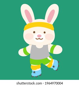 Adorable white bunny rollerblading with knee supporters on flat colored