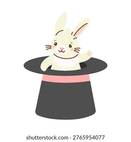 Adorable white bunny sitting in a black magician hat. Flat vector illustration of a magic trick character for kids circus show and birthday party design. Isolated on white.